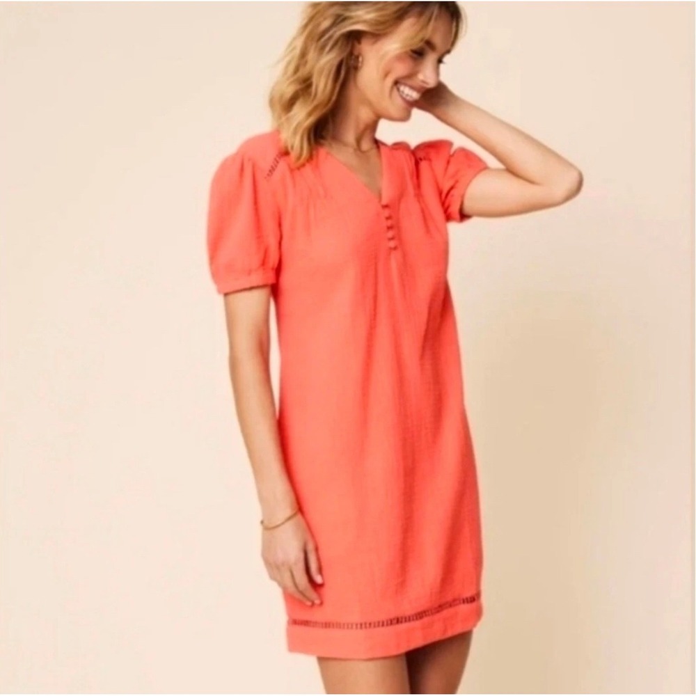 UNTUCKit Kasey Coral Orange 100% Cotton Double Gauze Shift Mini Dress Small EUC